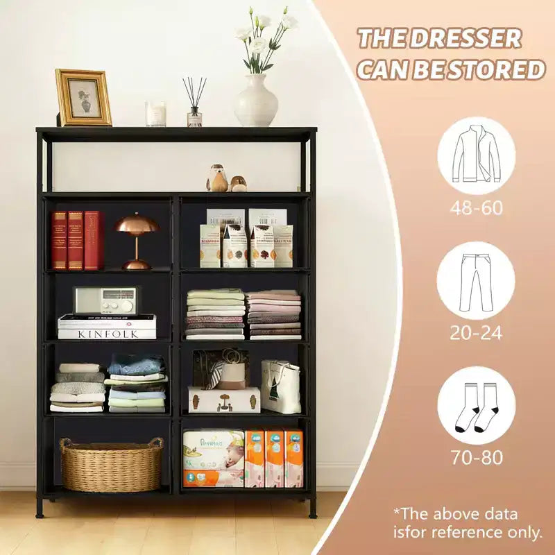 MAYEERTY Commode en tissu à 8 tiroirs de 116,5 cm, Armoire de rangement haute avec étagère ouverte pour chambre à coucher ou placard