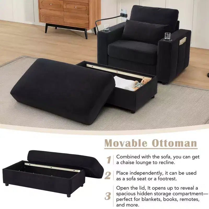MAYEERTY Fauteuil moderne 42.5 Canapé-méridienne avec pouf de rangement mobile, deux porte-gobelets, poches latérales pour salon, noir