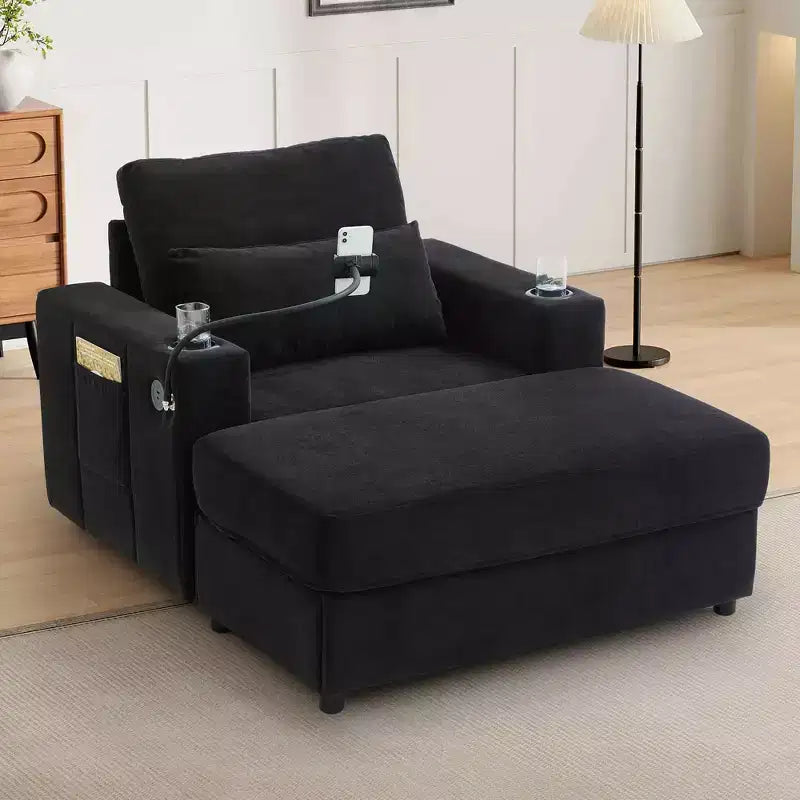 MAYEERTY Fauteuil moderne 42.5 Canapé-méridienne avec pouf de rangement mobile, deux porte-gobelets, poches latérales pour salon, noir
