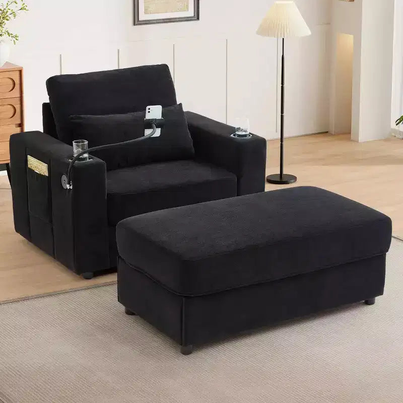 MAYEERTY Fauteuil moderne 42.5 Canapé-méridienne avec pouf de rangement mobile, deux porte-gobelets, poches latérales pour salon, noir