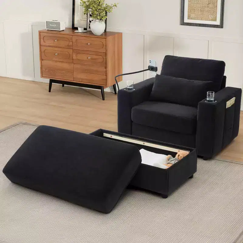 MAYEERTY Fauteuil moderne 42.5 Canapé-méridienne avec pouf de rangement mobile, deux porte-gobelets, poches latérales pour salon, noir