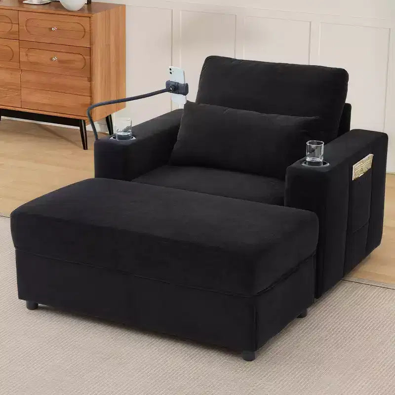 MAYEERTY Fauteuil moderne 42.5 Canapé-méridienne avec pouf de rangement mobile, deux porte-gobelets, poches latérales pour salon, noir