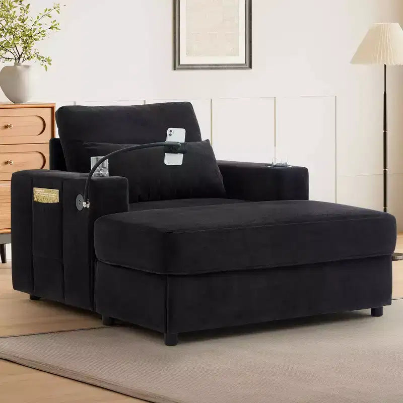 MAYEERTY Fauteuil moderne 42.5 Canapé-méridienne avec pouf de rangement mobile, deux porte-gobelets, poches latérales pour salon, noir