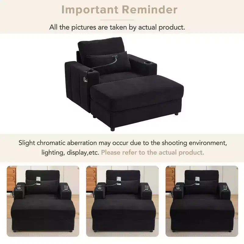MAYEERTY Fauteuil moderne 42.5 Canapé-méridienne avec pouf de rangement mobile, deux porte-gobelets, poches latérales pour salon, noir