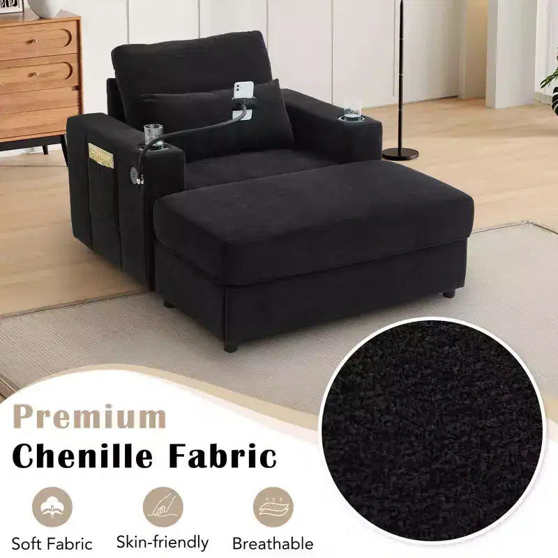 MAYEERTY Fauteuil moderne 42.5 Canapé-méridienne avec pouf de rangement mobile, deux porte-gobelets, poches latérales pour salon, noir