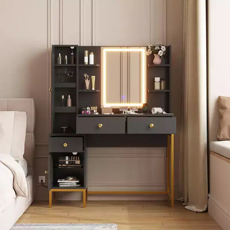 Coiffeuse, Bureau de Vanité à 3 Modes d'Éclairage avec Tabouret Rembourré Doux, Table de Maquillage Moderne avec 3 Tiroirs, un Placard et des Étagères Ouvertes