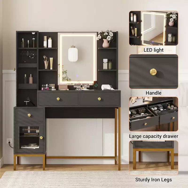Coiffeuse, Bureau de Vanité à 3 Modes d'Éclairage avec Tabouret Rembourré Doux, Table de Maquillage Moderne avec 3 Tiroirs, un Placard et des Étagères Ouvertes