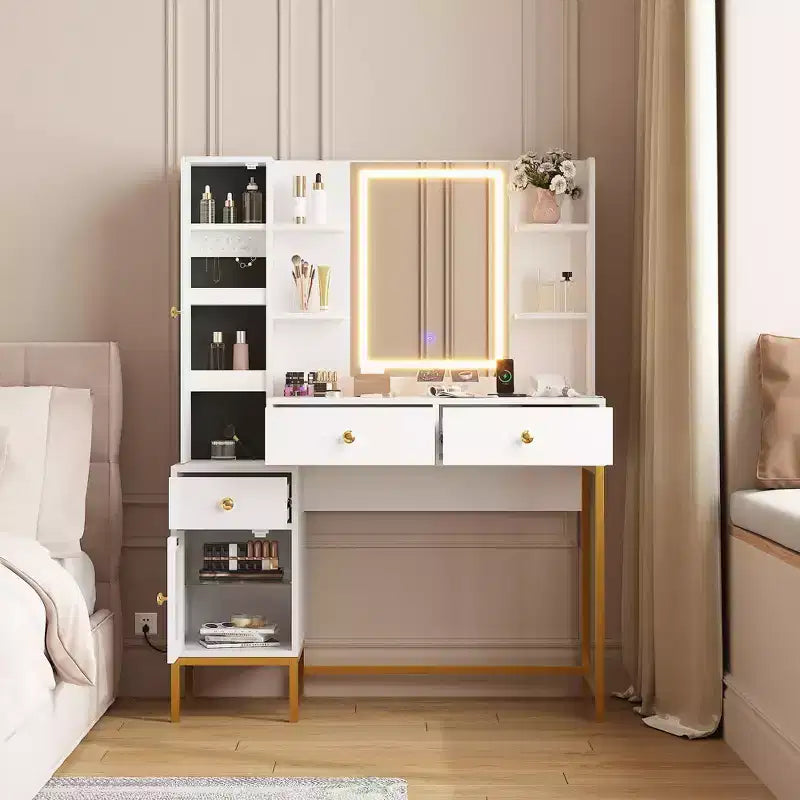 Coiffeuse, Bureau de Vanité à 3 Modes d'Éclairage avec Tabouret Rembourré Doux, Table de Maquillage Moderne avec 3 Tiroirs, un Placard et des Étagères Ouvertes