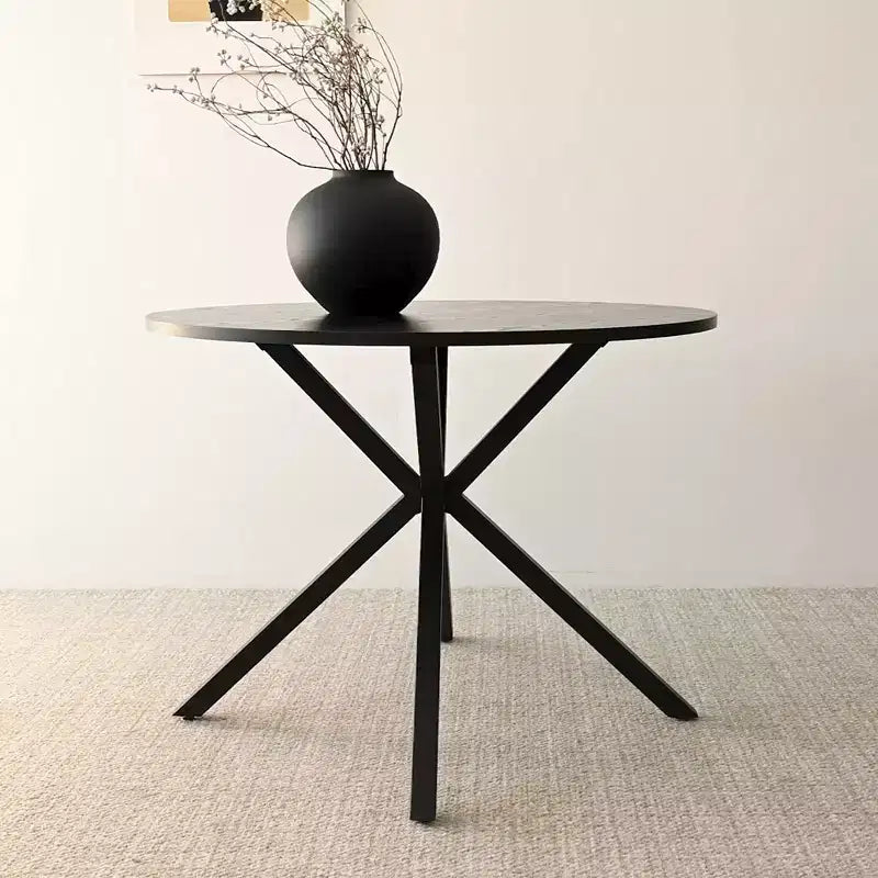 Ensemble de salle à manger 5 pièces pour 4 personnes, table à manger ronde avec pieds en métal croisés et chaises rembourrées aspect grain de chêne pour cuisine et salle à manger - Panipeachy