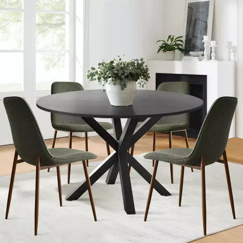 Ensemble de salle à manger 5 pièces pour 4 personnes, table à manger ronde avec pieds en métal croisés et chaises rembourrées aspect grain de chêne pour cuisine et salle à manger - Panipeachy