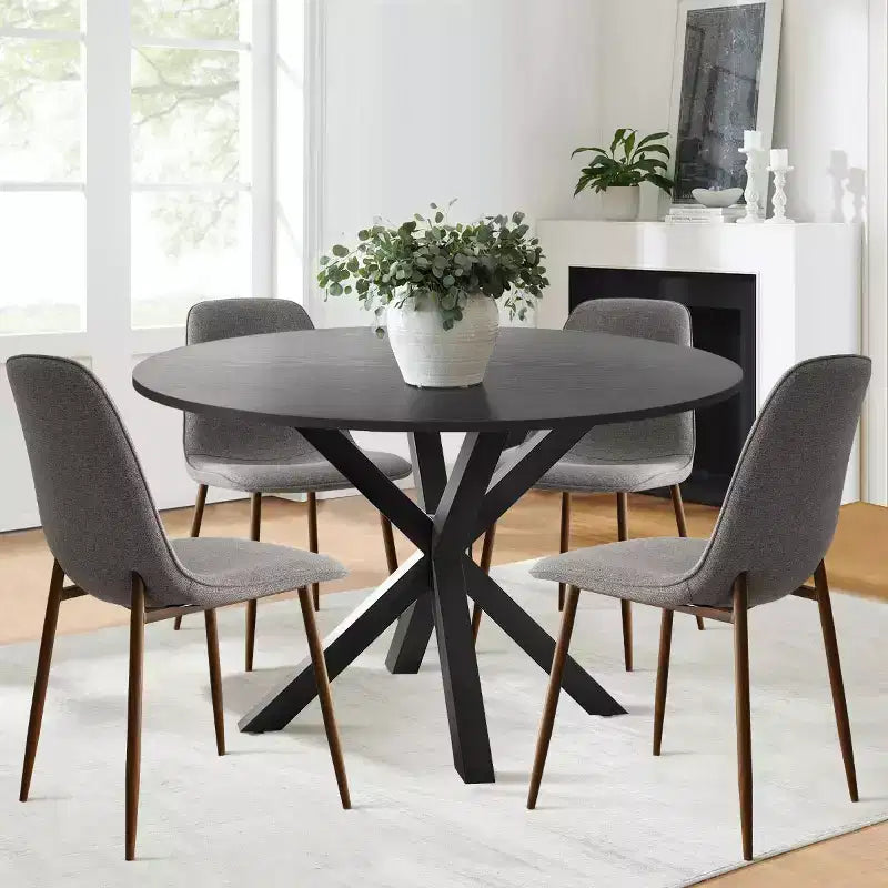 Ensemble de salle à manger 5 pièces pour 4 personnes, table à manger ronde avec pieds en métal croisés et chaises rembourrées aspect grain de chêne pour cuisine et salle à manger - Panipeachy