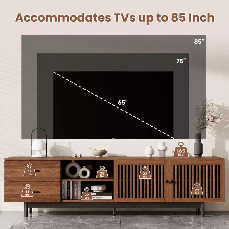 Meuble TV cannelé de 78 po pour téléviseurs jusqu'à 85 po, meuble de divertissement moderne du milieu du siècle avec tiroirs de rangement et porte à fermeture douce