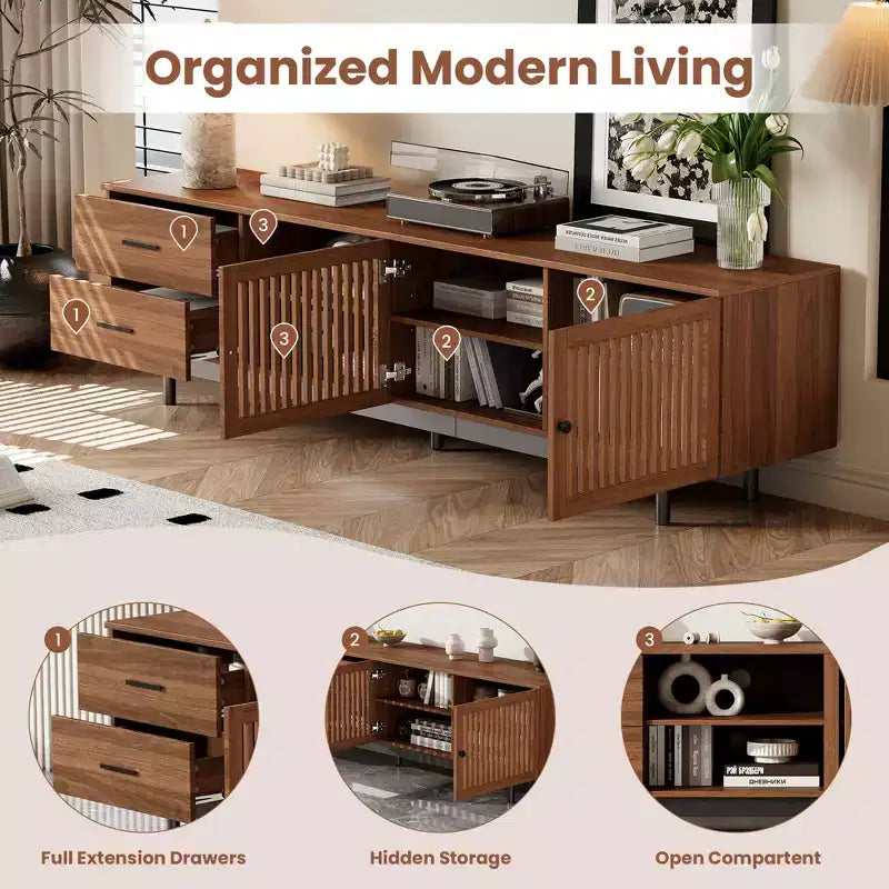 Meuble TV cannelé de 78 po pour téléviseurs jusqu'à 85 po, meuble de divertissement moderne du milieu du siècle avec tiroirs de rangement et porte à fermeture douce