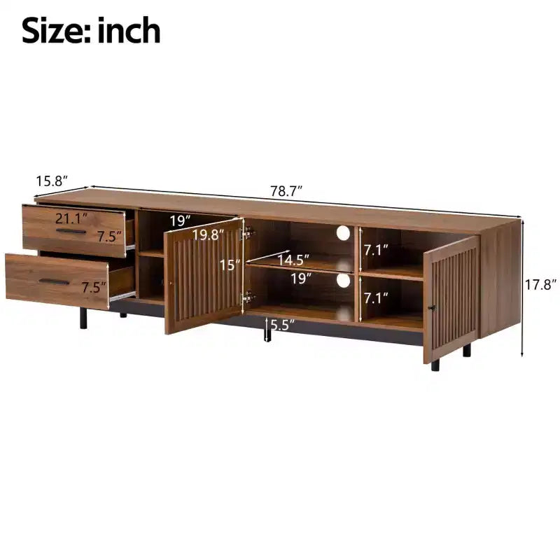 Meuble TV cannelé de 78 po pour téléviseurs jusqu'à 85 po, meuble de divertissement moderne du milieu du siècle avec tiroirs de rangement et porte à fermeture douce