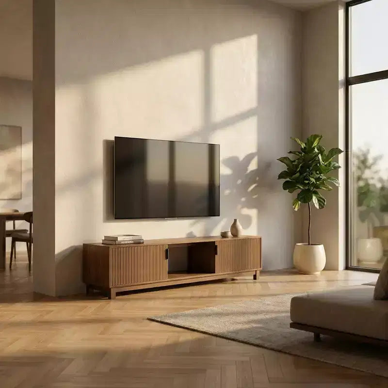 Meuble TV cannelé de 70 po en noyer pour téléviseurs jusqu'à 75 po - Console multimédia moderne du milieu du siècle avec rangement dissimulé, étagères réglables et gestion des câbles