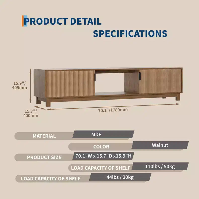 Meuble TV cannelé de 70 po en noyer pour téléviseurs jusqu'à 75 po - Console multimédia moderne du milieu du siècle avec rangement dissimulé, étagères réglables et gestion des câbles