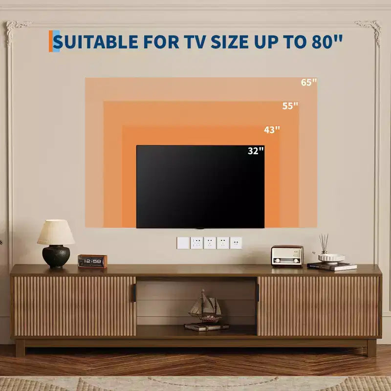 Meuble TV cannelé de 70 po en noyer pour téléviseurs jusqu'à 75 po - Console multimédia moderne du milieu du siècle avec rangement dissimulé, étagères réglables et gestion des câbles