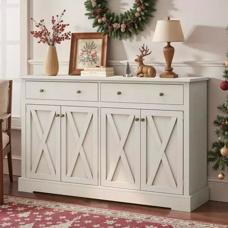 MAYEERTY Armoire de Rangement Vintage avec Deux Tiroirs et Quatre Portes pour Salon Cuisine Chambre Blanc