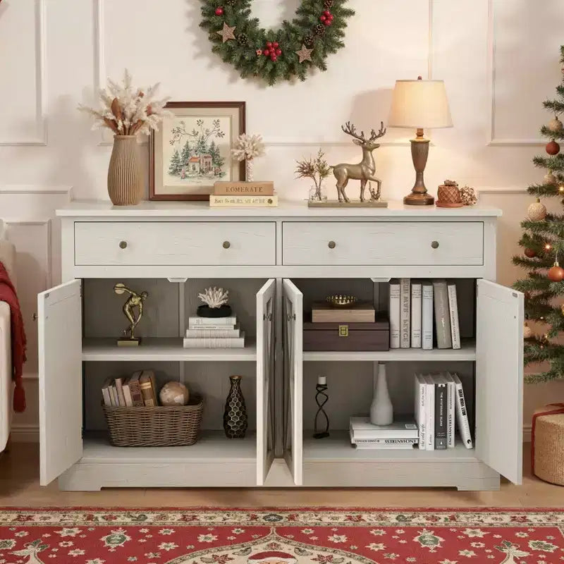 MAYEERTY Armoire de Rangement Vintage avec Deux Tiroirs et Quatre Portes pour Salon Cuisine Chambre Blanc