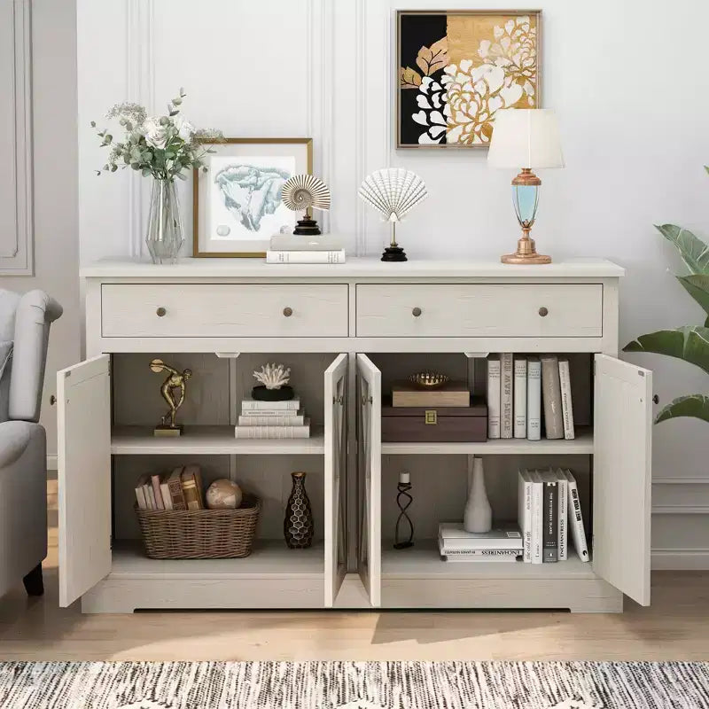 MAYEERTY Armoire de Rangement Vintage avec Deux Tiroirs et Quatre Portes pour Salon Cuisine Chambre Blanc