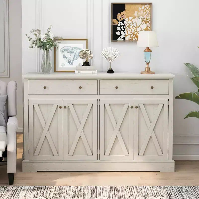 MAYEERTY Armoire de Rangement Vintage avec Deux Tiroirs et Quatre Portes pour Salon Cuisine Chambre Blanc