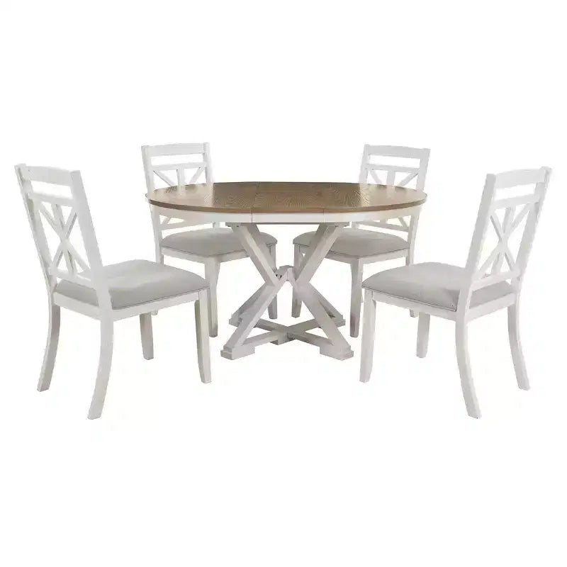 Ensemble de salle à manger rond extensible de style rustique pour 4 personnes, ensemble table et 4 chaises de salle à manger rembourrées pour salle à manger