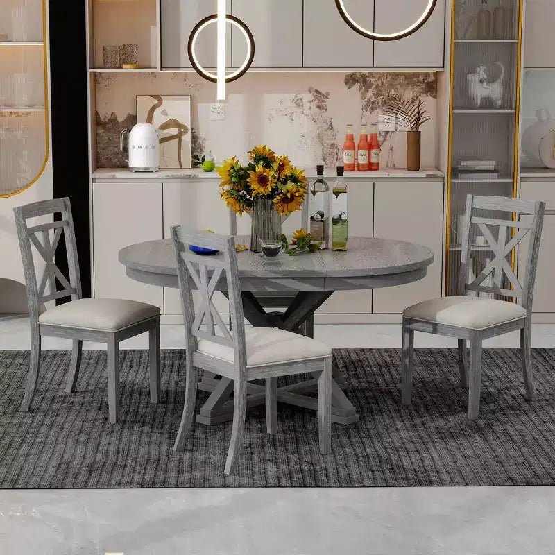 Ensemble de salle à manger rond extensible de style rustique pour 4 personnes, ensemble table et 4 chaises de salle à manger rembourrées pour salle à manger