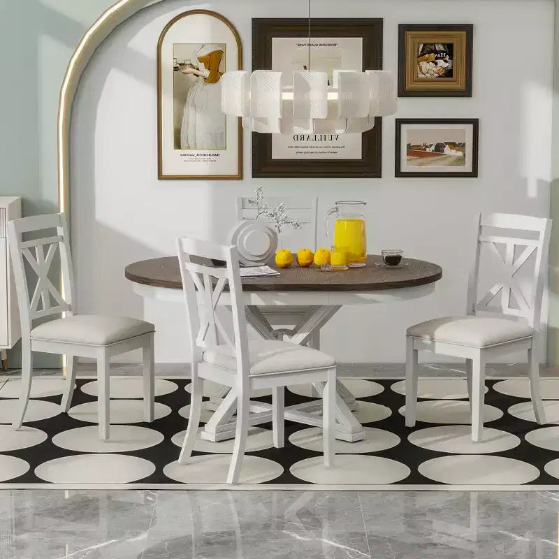 Ensemble de salle à manger rond extensible de style rustique pour 4 personnes, ensemble table et 4 chaises de salle à manger rembourrées pour salle à manger