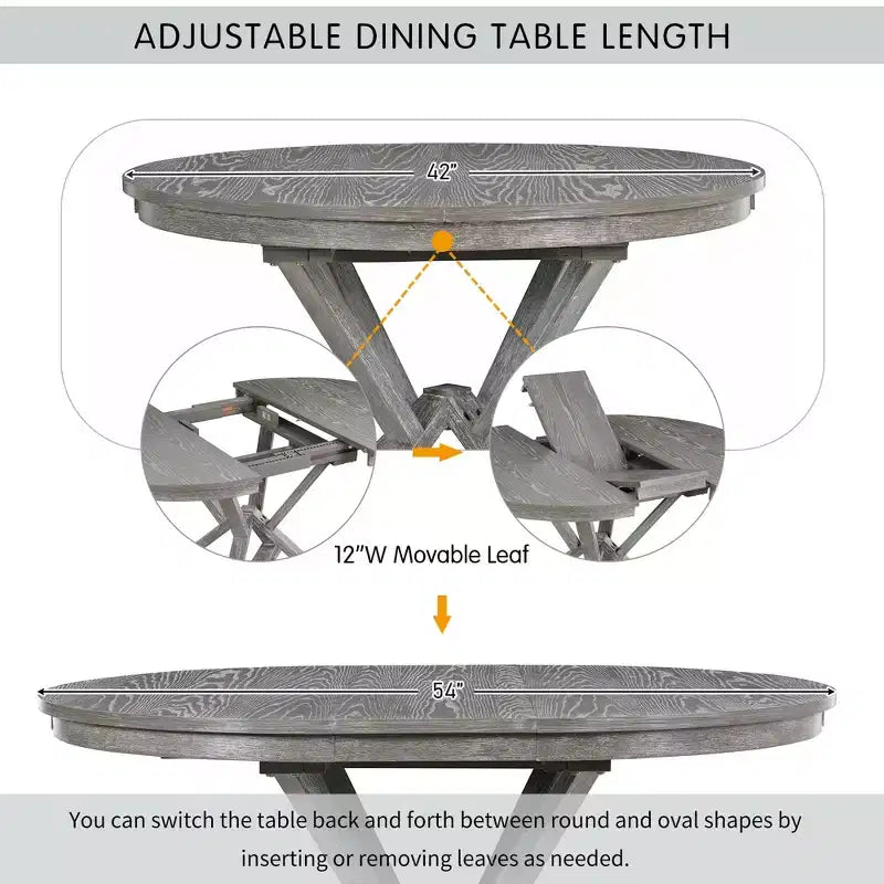Ensemble de salle à manger rond extensible de style rustique pour 4 personnes, ensemble table et 4 chaises de salle à manger rembourrées pour salle à manger