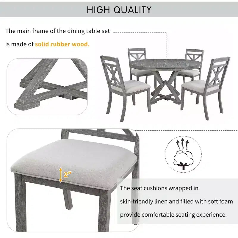Ensemble de salle à manger rond extensible de style rustique pour 4 personnes, ensemble table et 4 chaises de salle à manger rembourrées pour salle à manger