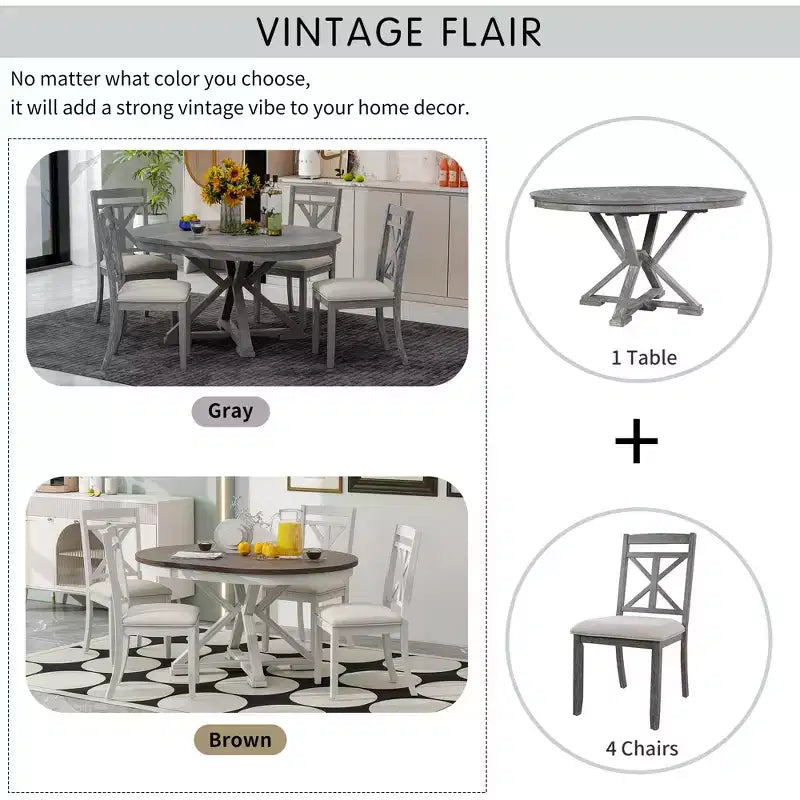 Ensemble de salle à manger rond extensible de style rustique pour 4 personnes, ensemble table et 4 chaises de salle à manger rembourrées pour salle à manger