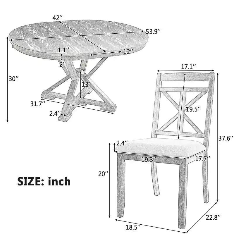 Ensemble de salle à manger rond extensible de style rustique pour 4 personnes, ensemble table et 4 chaises de salle à manger rembourrées pour salle à manger