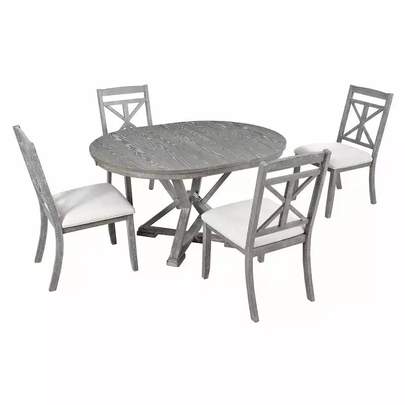 Ensemble de salle à manger rond extensible de style rustique pour 4 personnes, ensemble table et 4 chaises de salle à manger rembourrées pour salle à manger