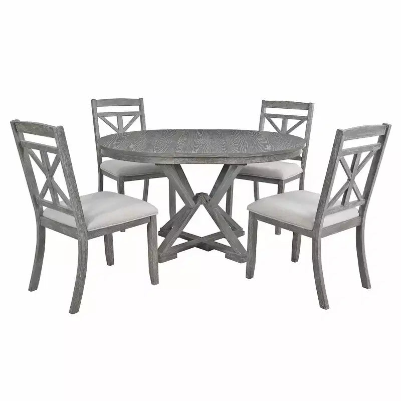 Ensemble de salle à manger rond extensible de style rustique pour 4 personnes, ensemble table et 4 chaises de salle à manger rembourrées pour salle à manger
