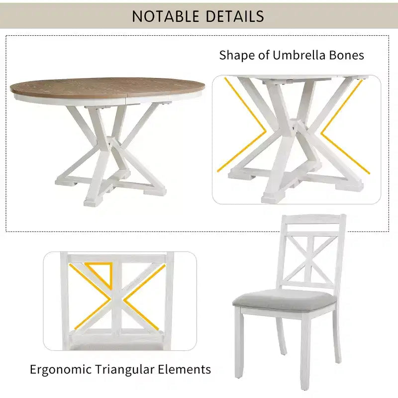 Ensemble de salle à manger rond extensible de style rustique pour 4 personnes, ensemble table et 4 chaises de salle à manger rembourrées pour salle à manger
