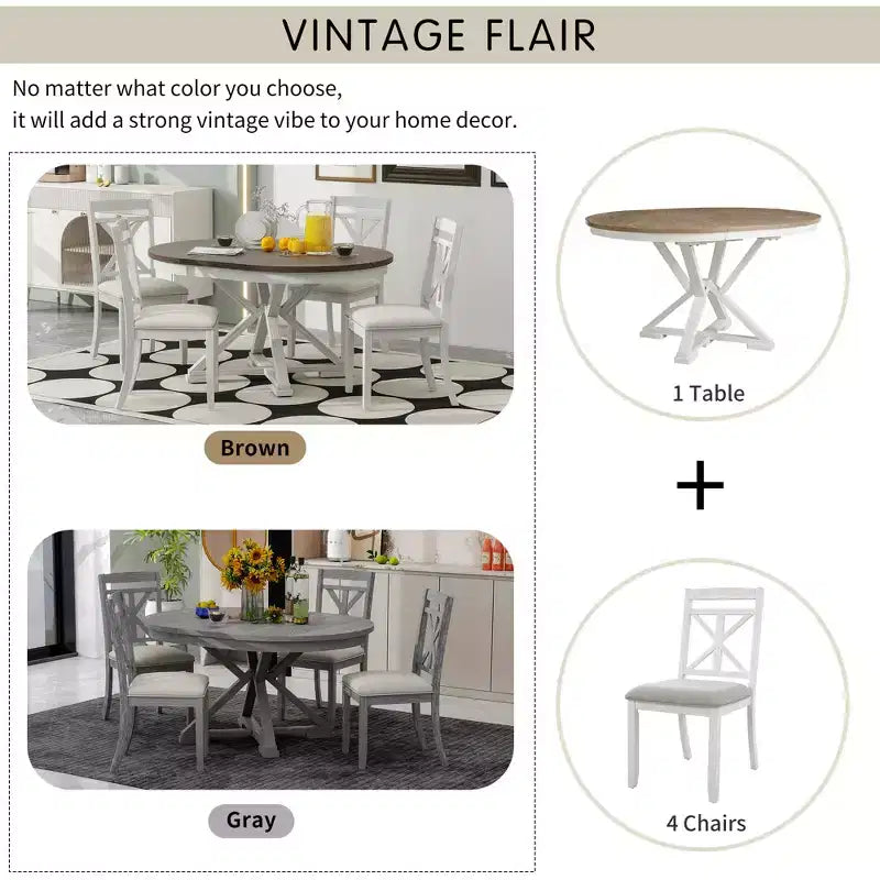 Ensemble de salle à manger rond extensible de style rustique pour 4 personnes, ensemble table et 4 chaises de salle à manger rembourrées pour salle à manger