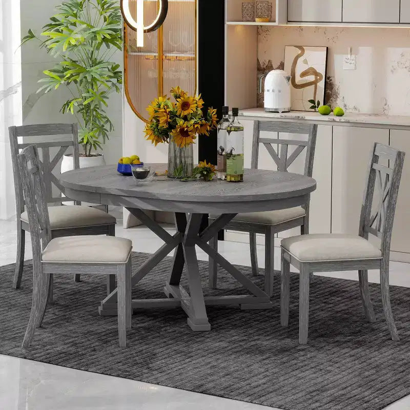 Ensemble de salle à manger rond extensible de style rustique pour 4 personnes, ensemble table et 4 chaises de salle à manger rembourrées pour salle à manger