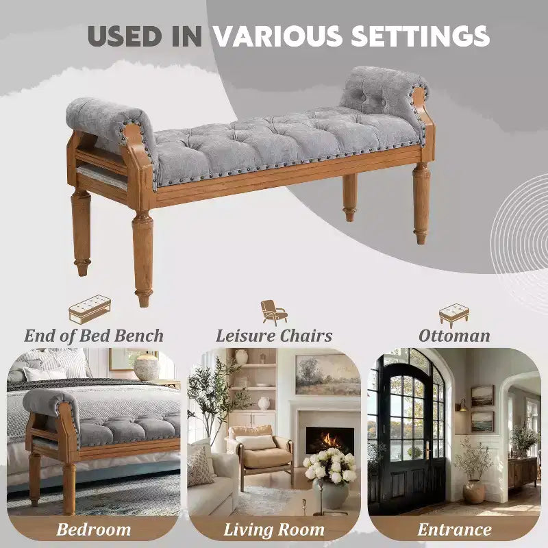 Banc de lit rembourré classique, ottoman capitonné, banc à chaussures de style Mid-Century pour entrée, tabouret de coiffeuse rembourré avec accoudoirs roulés - ModernLuxe
