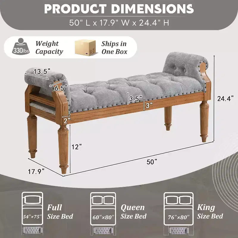 Banc de lit rembourré classique, ottoman capitonné, banc à chaussures de style Mid-Century pour entrée, tabouret de coiffeuse rembourré avec accoudoirs roulés - ModernLuxe