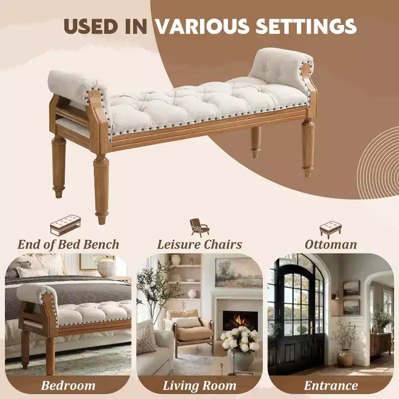 Banc de lit rembourré classique, ottoman capitonné, banc à chaussures de style Mid-Century pour entrée, tabouret de coiffeuse rembourré avec accoudoirs roulés - ModernLuxe