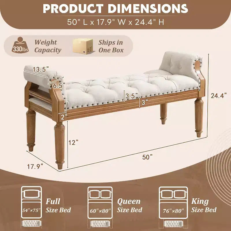 Banc de lit rembourré classique, ottoman capitonné, banc à chaussures de style Mid-Century pour entrée, tabouret de coiffeuse rembourré avec accoudoirs roulés - ModernLuxe