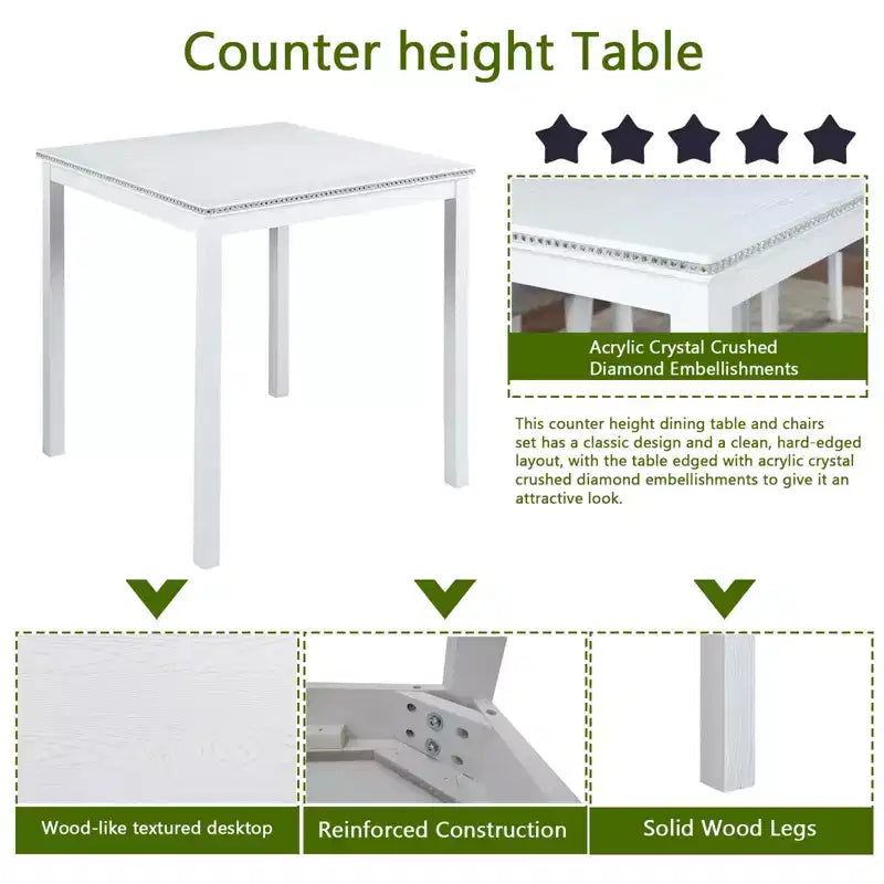 MAYEERTY Table de salle à manger carrée en bois, hauteur comptoir, table de cuisine blanche pour 4 personnes, pour petits espaces