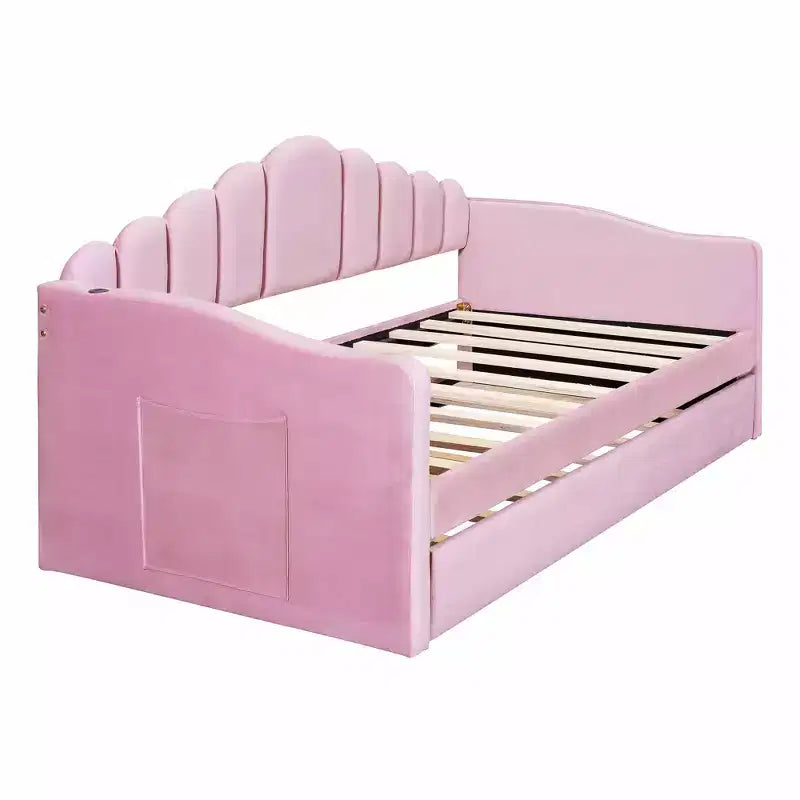 Canapé-lit rembourré double avec lit gigogne et station de recharge USB, lit de repos en velours pour chambre à coucher, rose