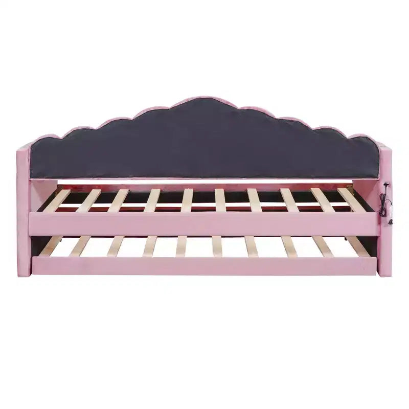 Canapé-lit rembourré double avec lit gigogne et station de recharge USB, lit de repos en velours pour chambre à coucher, rose