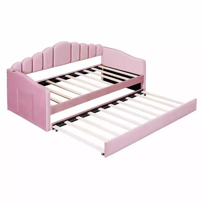 Canapé-lit rembourré double avec lit gigogne et station de recharge USB, lit de repos en velours pour chambre à coucher, rose