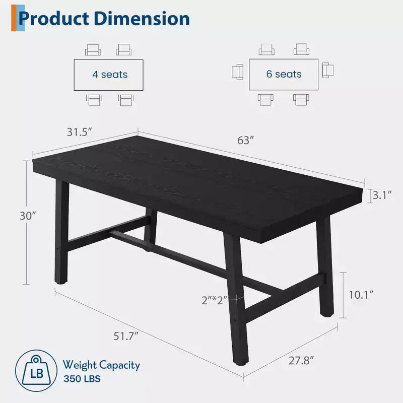 Table de salle à manger industrielle Acekool, table de cuisine rectangulaire pour 4-6 personnes, design rustique en bois et métal