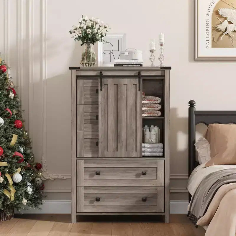 Commode de chambre à 5 tiroirs de style ferme, commode en bois avec porte de grange coulissante, étagère réglable, organisateur de rangement pour chambre à coucher