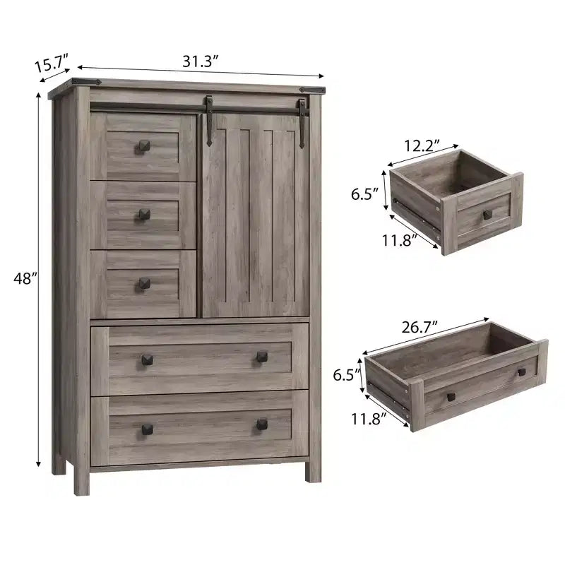 Commode de chambre à 5 tiroirs de style ferme, commode en bois avec porte de grange coulissante, étagère réglable, organisateur de rangement pour chambre à coucher