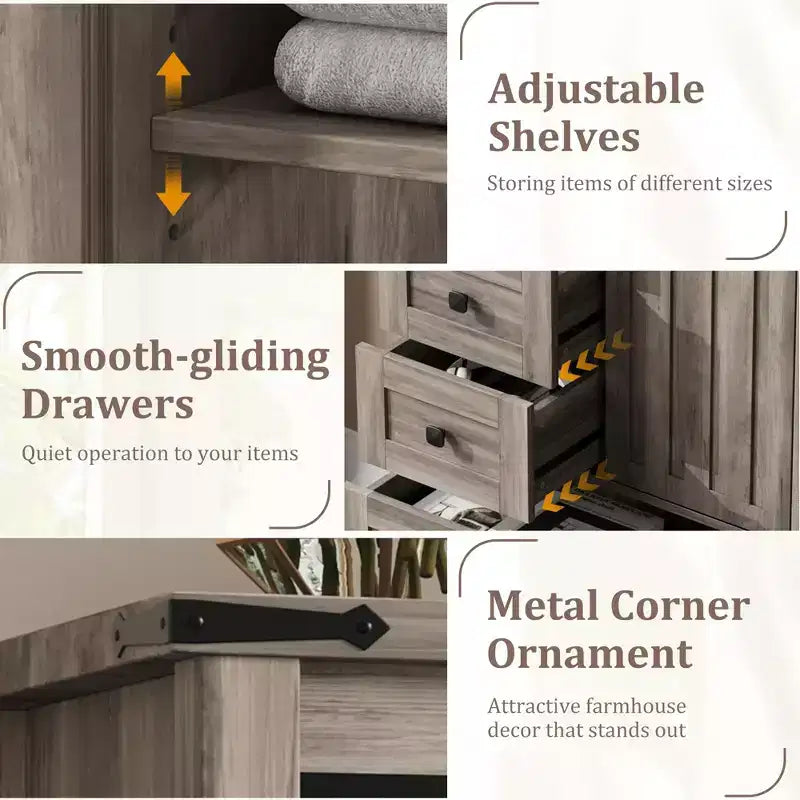 Commode de chambre à 5 tiroirs de style ferme, commode en bois avec porte de grange coulissante, étagère réglable, organisateur de rangement pour chambre à coucher