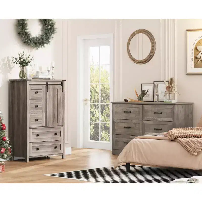 Commode de chambre à 5 tiroirs de style ferme, commode en bois avec porte de grange coulissante, étagère réglable, organisateur de rangement pour chambre à coucher